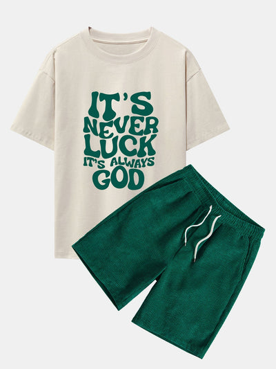 Cruz® | God Slogan Print Drop Shoulder Oversize T-Shirt & Drawstring Corduroy Shorts