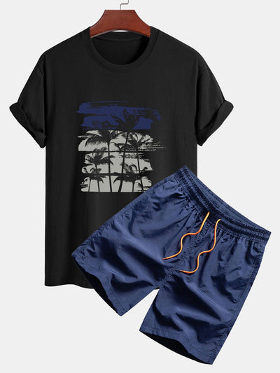 Damián® | Palm Tree Silhouette Print Cotton T-Shirt & Swim Shorts