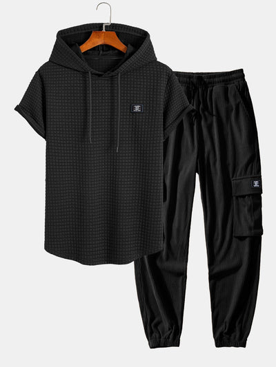 Afif® | Waffle Hooded Arc Hem T-Shirt & Drawstring Corduroy Cargo Jogger Pants