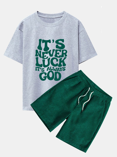 Cruz® | God Slogan Print Drop Shoulder Oversize T-Shirt & Drawstring Corduroy Shorts