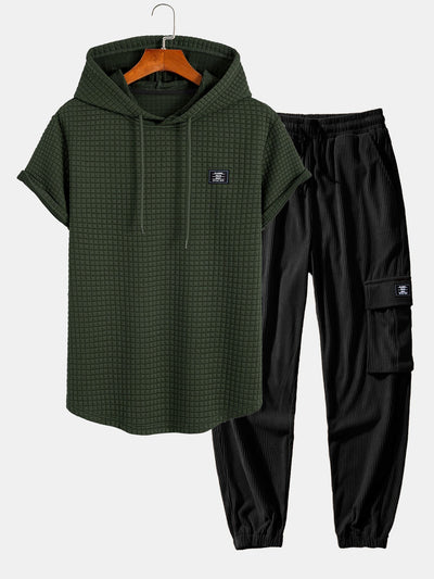 Afif® | Waffle Hooded Arc Hem T-Shirt & Drawstring Corduroy Cargo Jogger Pants