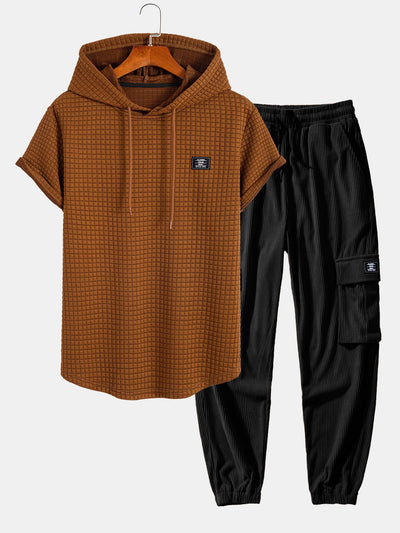 Afif® | Waffle Hooded Arc Hem T-Shirt & Drawstring Corduroy Cargo Jogger Pants
