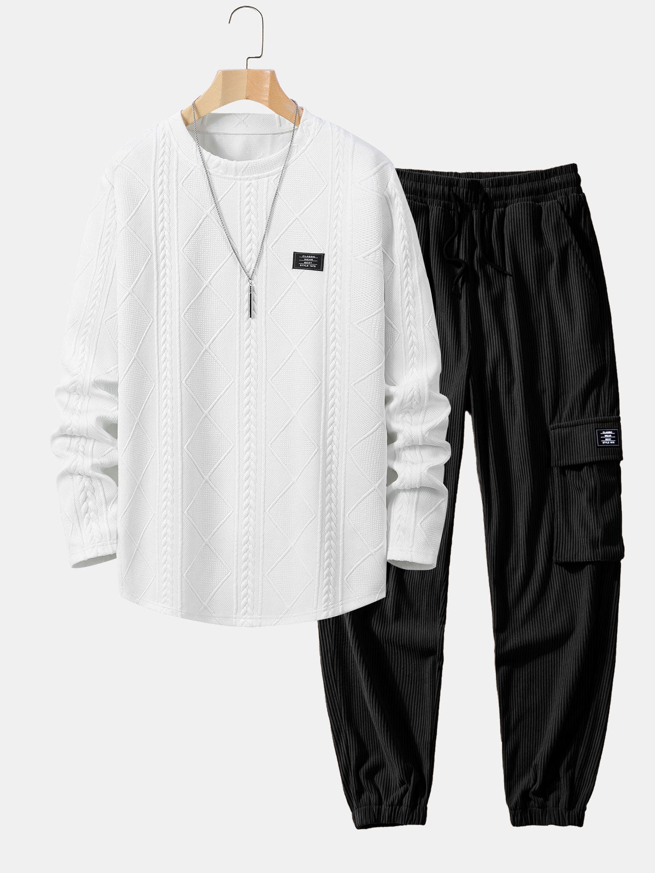 Ward® | Long Sleeve T-Shirt With Curved Hem In Geometric Jacquard & Cargo Joggers In Corduroy With Drawstring