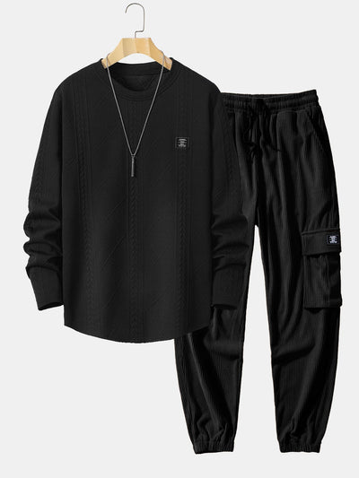 David® | Long Sleeved T-Shirt With Curved Hem In Geometric Jacquard & Cargo Joggers In Corduroy With Drawstring