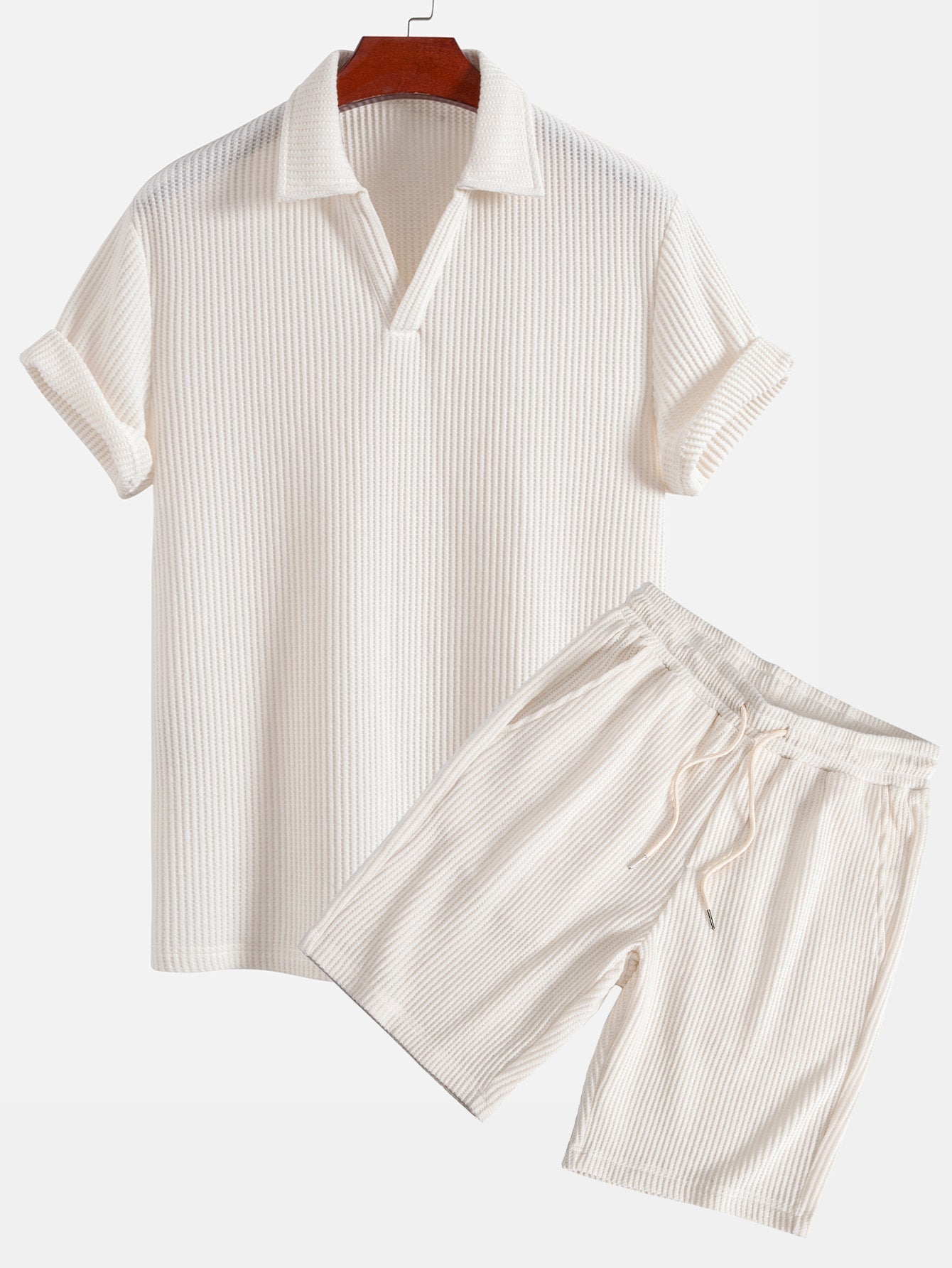 Javier® | Short Sleeved Waffle V-Neck Polo & Drawstring Knitted Waffle Shorts