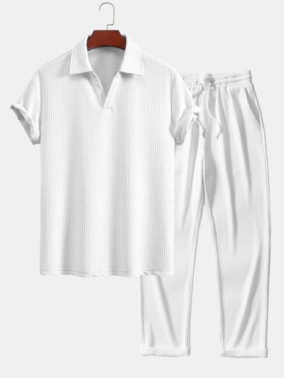 Esau® | Short Sleeved V-Neck Ribbed Polo & Straight Leg Ribbed Pants