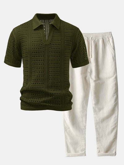 hola POLO A V IN CROCHET & PANTALONI IN LINO WITH GAMBA DRITTA