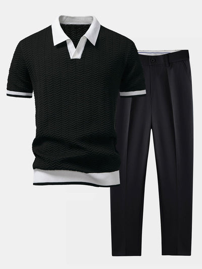hola V-NECK KNIT POLO SHIRT WITH TEXTURE CONTRAST & SLIM FIT PANTS