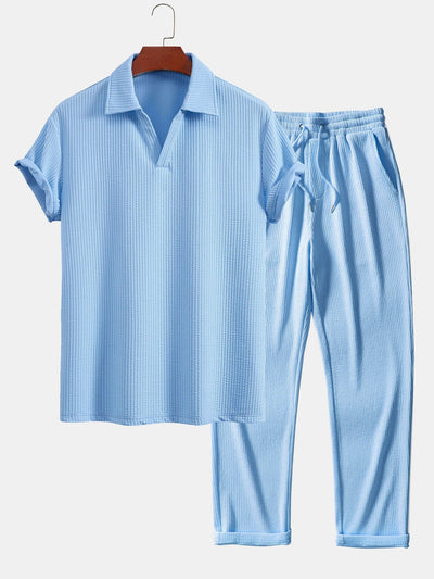 Esau® | Short Sleeved V-Neck Ribbed Polo & Straight Leg Ribbed Pants