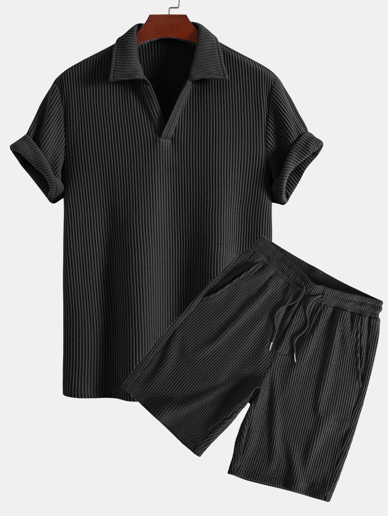 Javier® | Short Sleeved Waffle V-Neck Polo & Drawstring Knitted Waffle Shorts