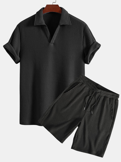 Javier® | Short Sleeved Waffle V-Neck Polo & Drawstring Knitted Waffle Shorts