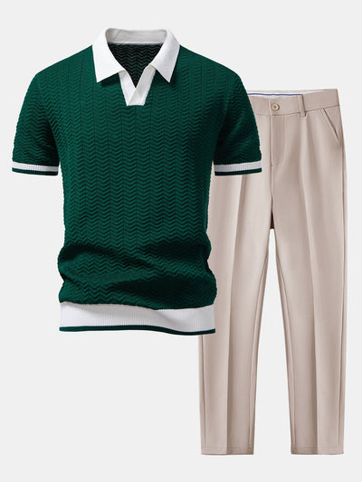 hola V-NECK KNIT POLO SHIRT WITH TEXTURE CONTRAST & SLIM FIT PANTS