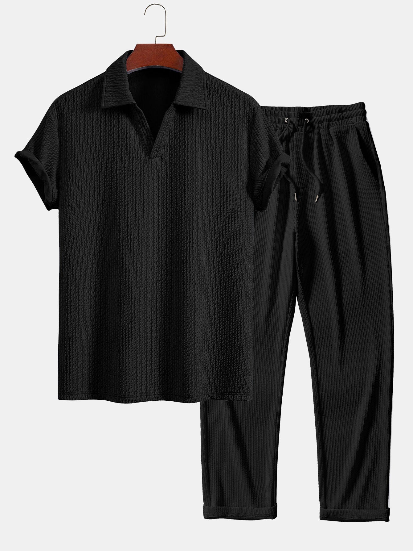 Esau® | Short Sleeved V-Neck Ribbed Polo & Straight Leg Ribbed Pants