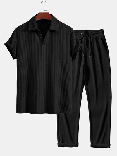 Esau® | Short Sleeved V-Neck Ribbed Polo & Straight Leg Ribbed Pants