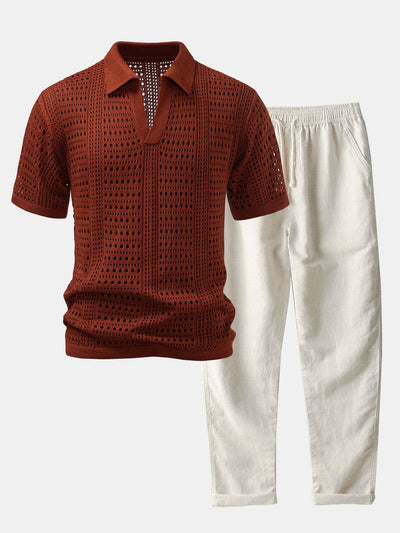 hola POLO A V IN CROCHET & PANTALONI IN LINO WITH GAMBA DRITTA