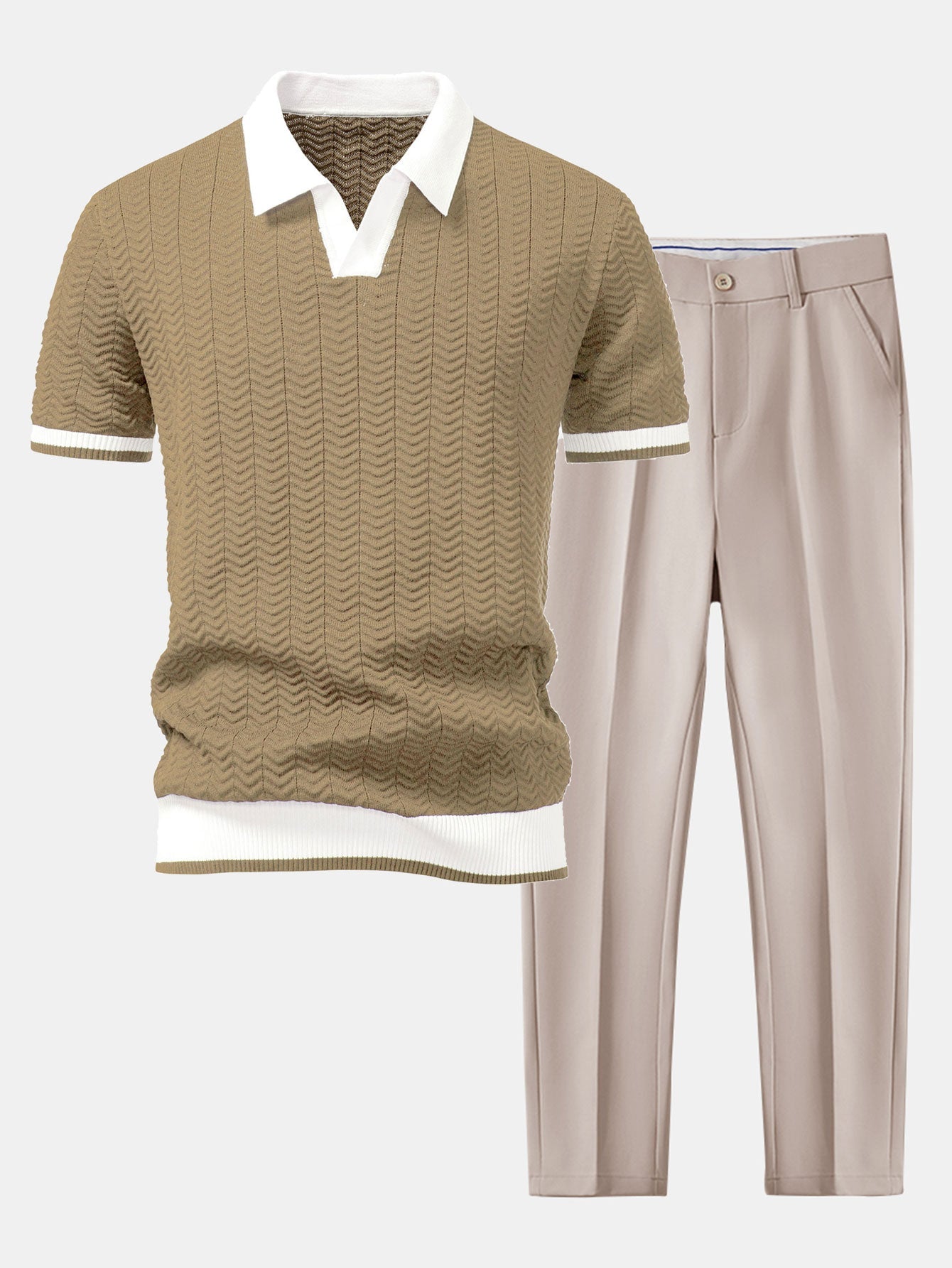 hola V-NECK KNIT POLO SHIRT WITH TEXTURE CONTRAST & SLIM FIT PANTS