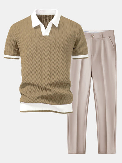 hola V-NECK KNIT POLO SHIRT WITH TEXTURE CONTRAST & SLIM FIT PANTS