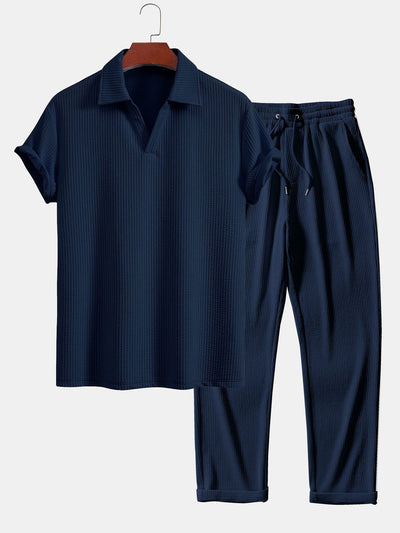 Esau® | Short Sleeved V-Neck Ribbed Polo & Straight Leg Ribbed Pants