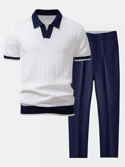 hola V-NECK KNIT POLO SHIRT WITH TEXTURE CONTRAST & SLIM FIT PANTS