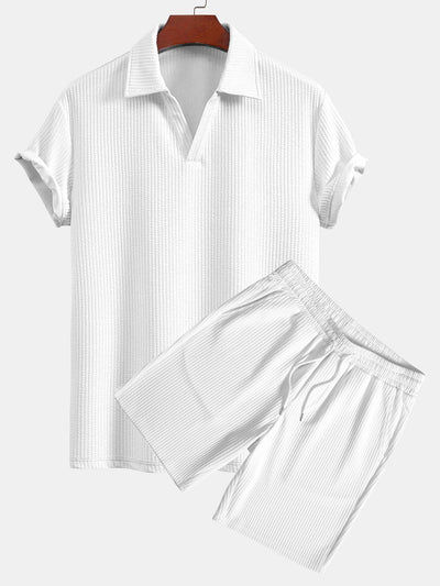 Ernesto® | Short Sleeved V-Neck Ribbed Polo & Drawstring Ribbed Shorts