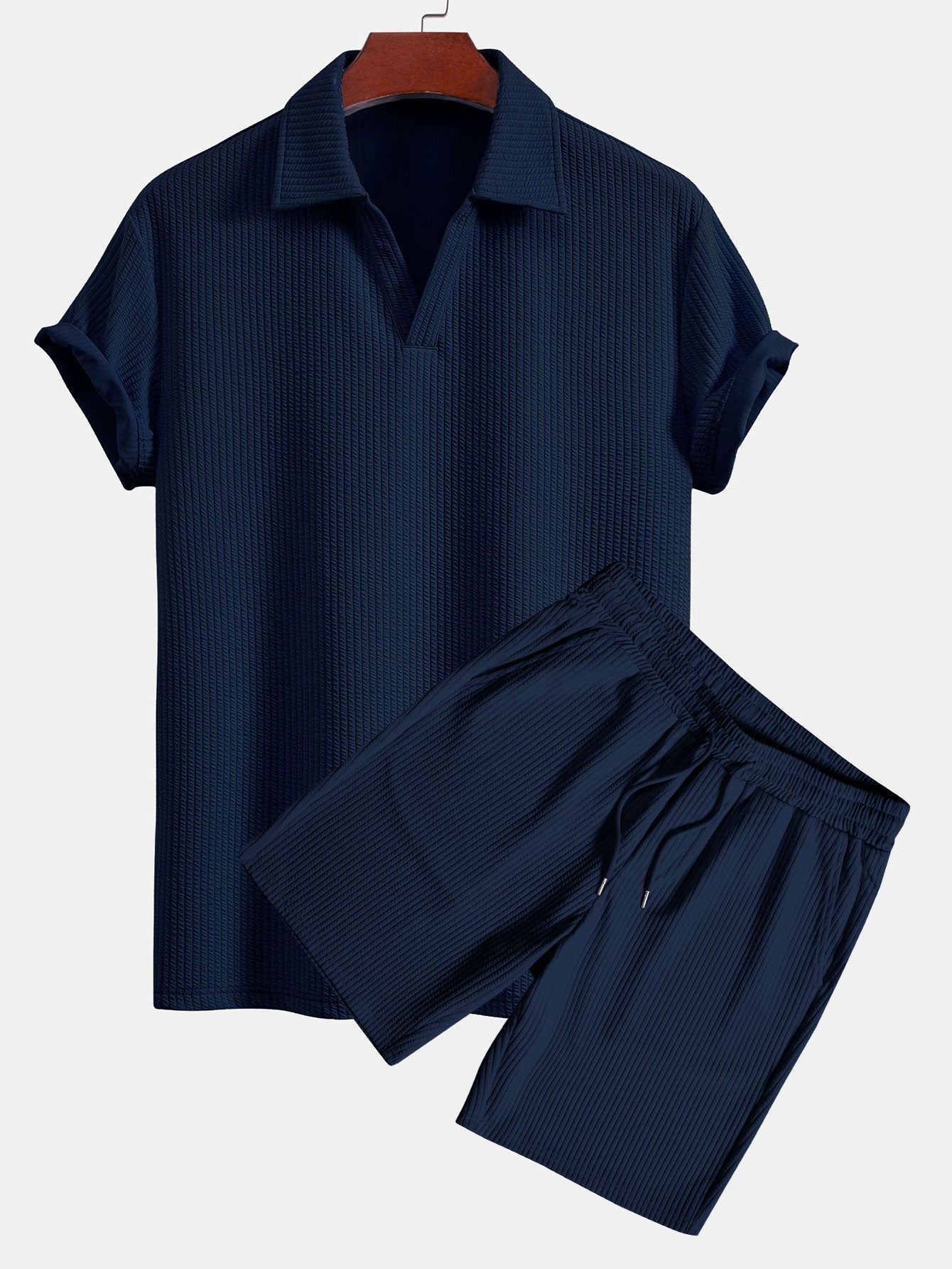 Ernesto® | Short Sleeved V-Neck Ribbed Polo & Drawstring Ribbed Shorts