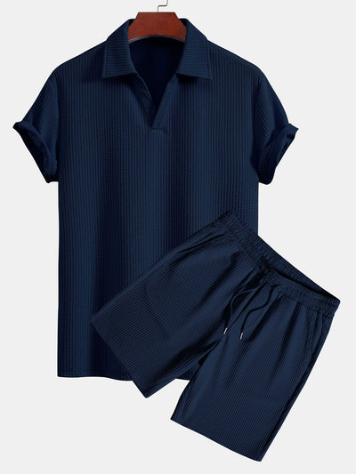 Ernesto® | Short Sleeved V-Neck Ribbed Polo & Drawstring Ribbed Shorts