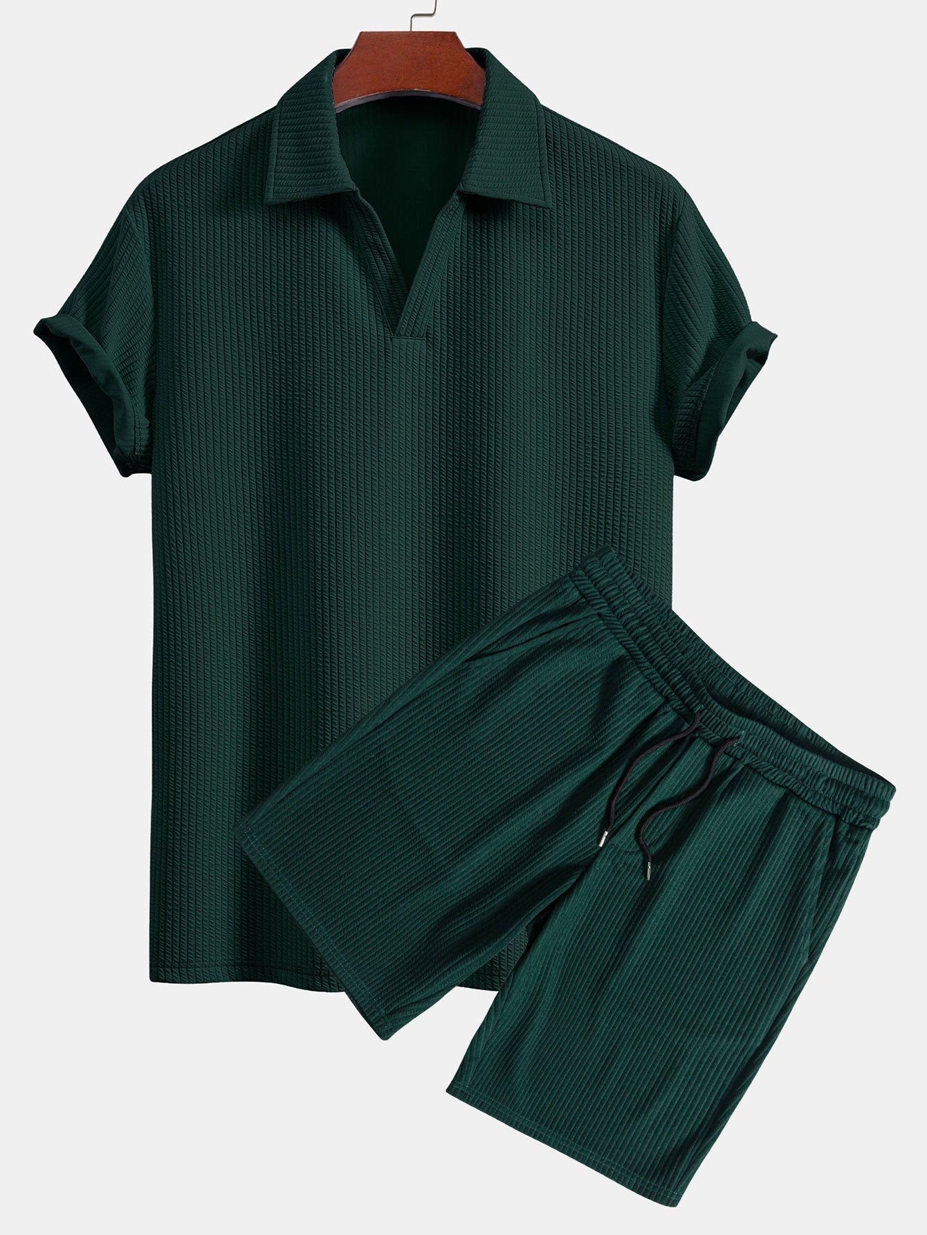Ernesto® | Short Sleeved V-Neck Ribbed Polo & Drawstring Ribbed Shorts