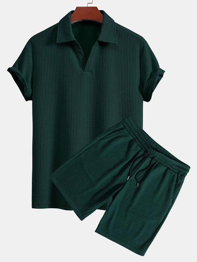 Ernesto® | Short Sleeved V-Neck Ribbed Polo & Drawstring Ribbed Shorts
