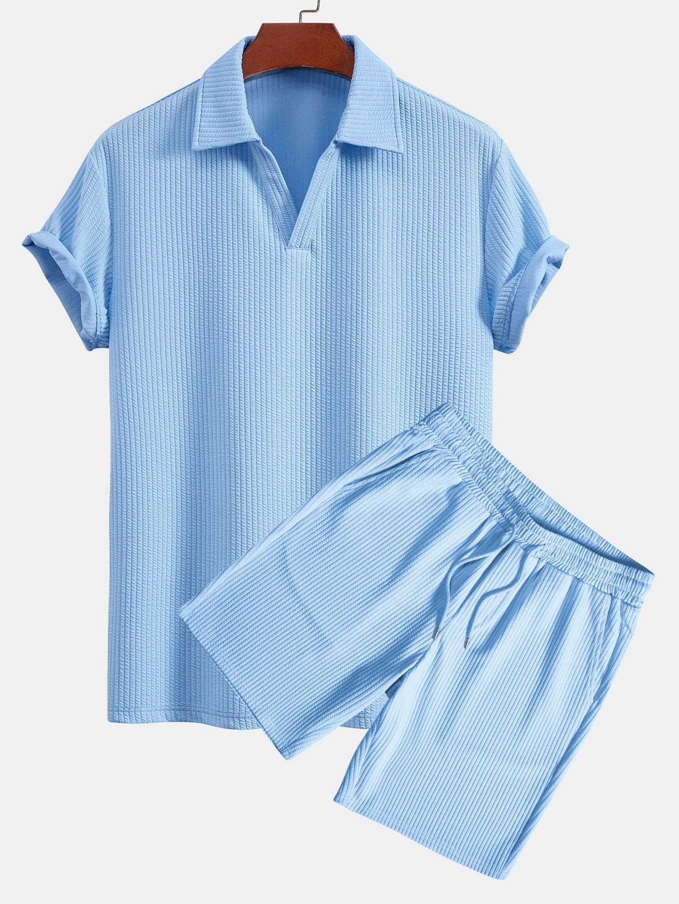 Ernesto® | Short Sleeved V-Neck Ribbed Polo & Drawstring Ribbed Shorts