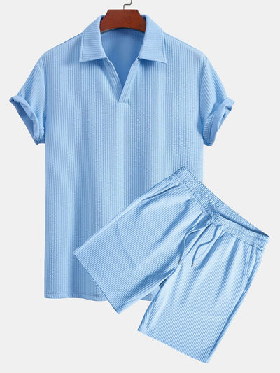 Ernesto® | Short Sleeved V-Neck Ribbed Polo & Drawstring Ribbed Shorts