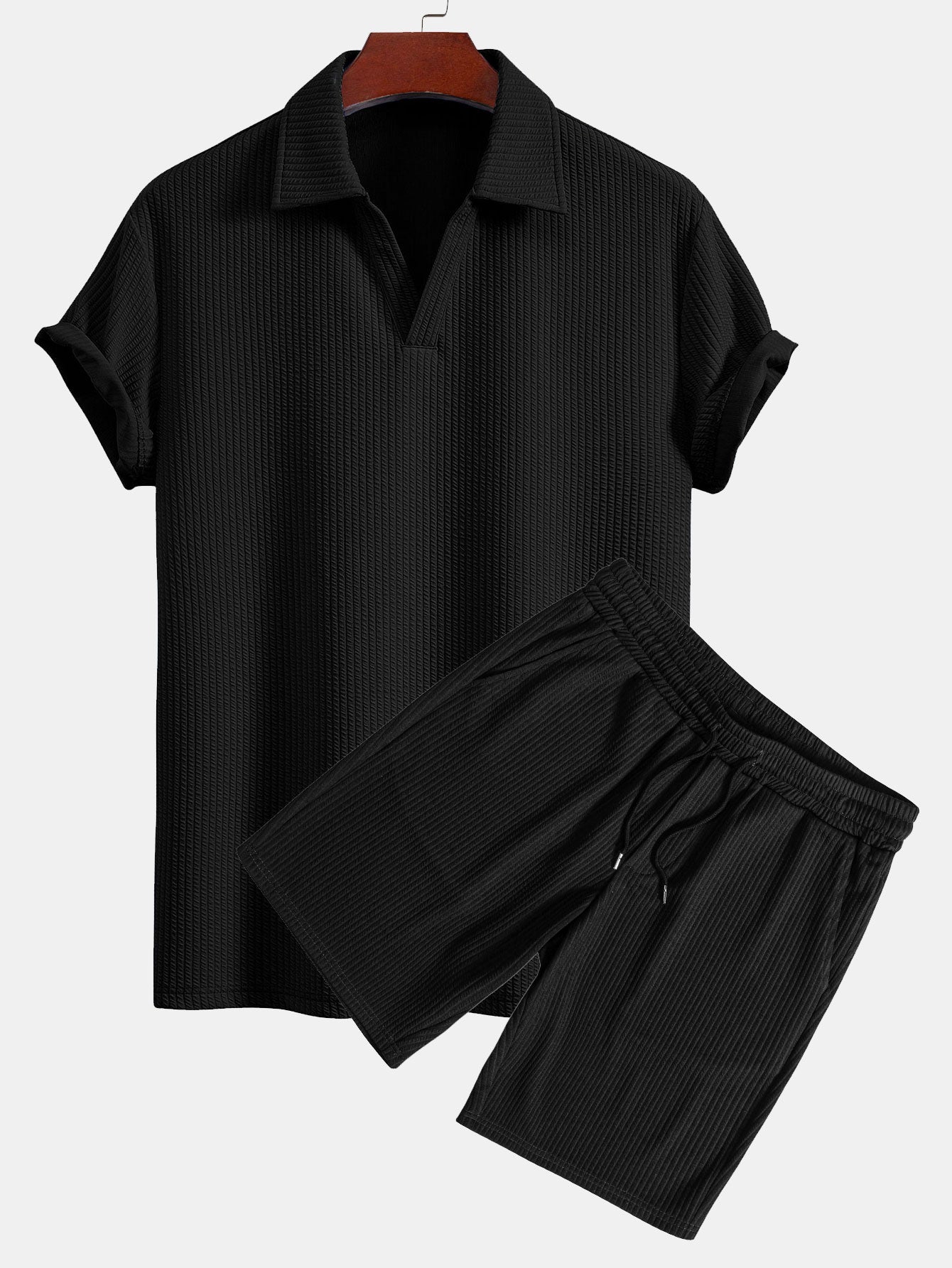 Ernesto® | Short Sleeved V-Neck Ribbed Polo & Drawstring Ribbed Shorts