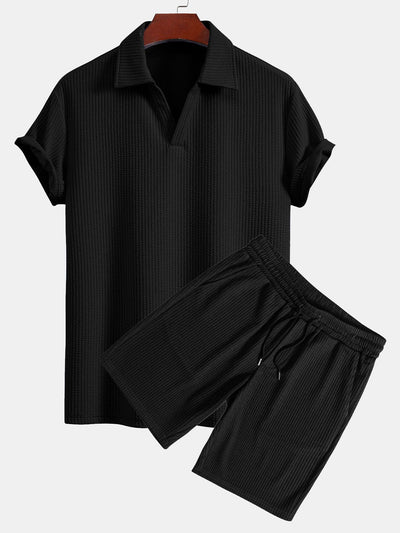 Ernesto® | Short Sleeved V-Neck Ribbed Polo & Drawstring Ribbed Shorts