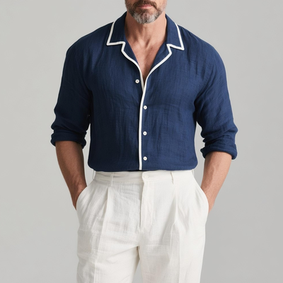 Jesse | Men'S White Trim Lapel Long Sleeve Cotton And Linen Shirt