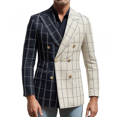 Joshua | Men'S Stylish Colorblock Cotton Blend Plaid Peaked Lapel Double-Breasted Slim-Fit Blazer