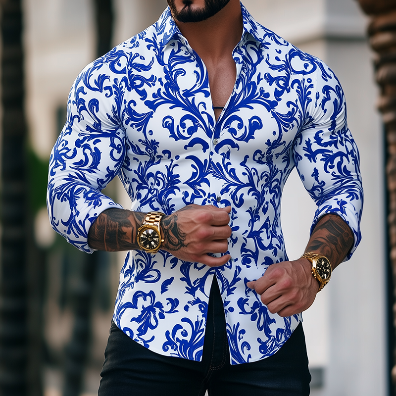 Men's Retro Casal Ble And White Porcelain Print Lapel Long Sleeve Shirt