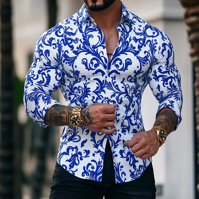 Men's Retro Casal Ble And White Porcelain Print Lapel Long Sleeve Shirt