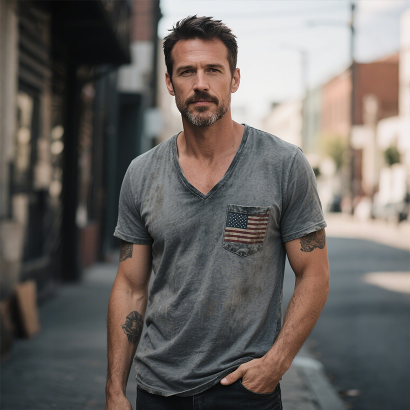 Graham | Men'S Retro Casual Flag Print V-Neck Short Sleeve T-Shirt