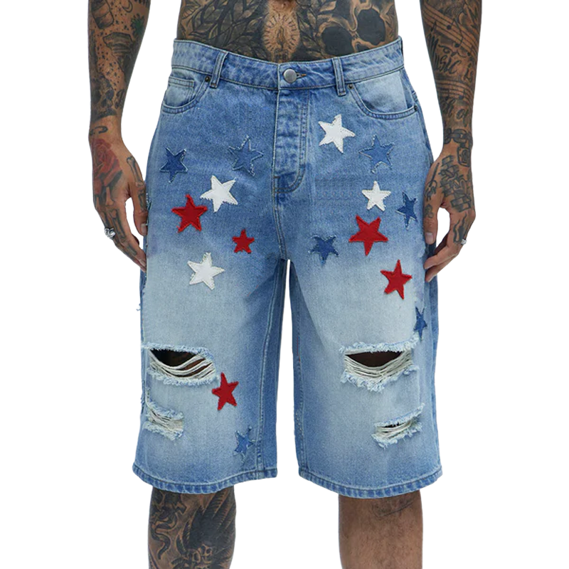 Caleb | Men'S Spring And Summer Fashion Casual Washed Denim Patch Five-Pointed Star Decorated Ripped Shorts