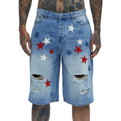 Caleb | Men'S Spring And Summer Fashion Casual Washed Denim Patch Five-Pointed Star Decorated Ripped Shorts
