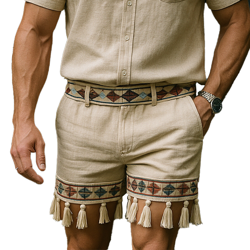 Claudio | Men'S Summer Fashion Printed Tassel Slub Linen Casual Shorts