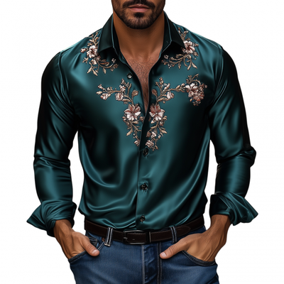 Julian | Men'S Vintage Flower Embroidery Elegant Solid Satin Lapel Slim Fit Long Sleeve Shirt