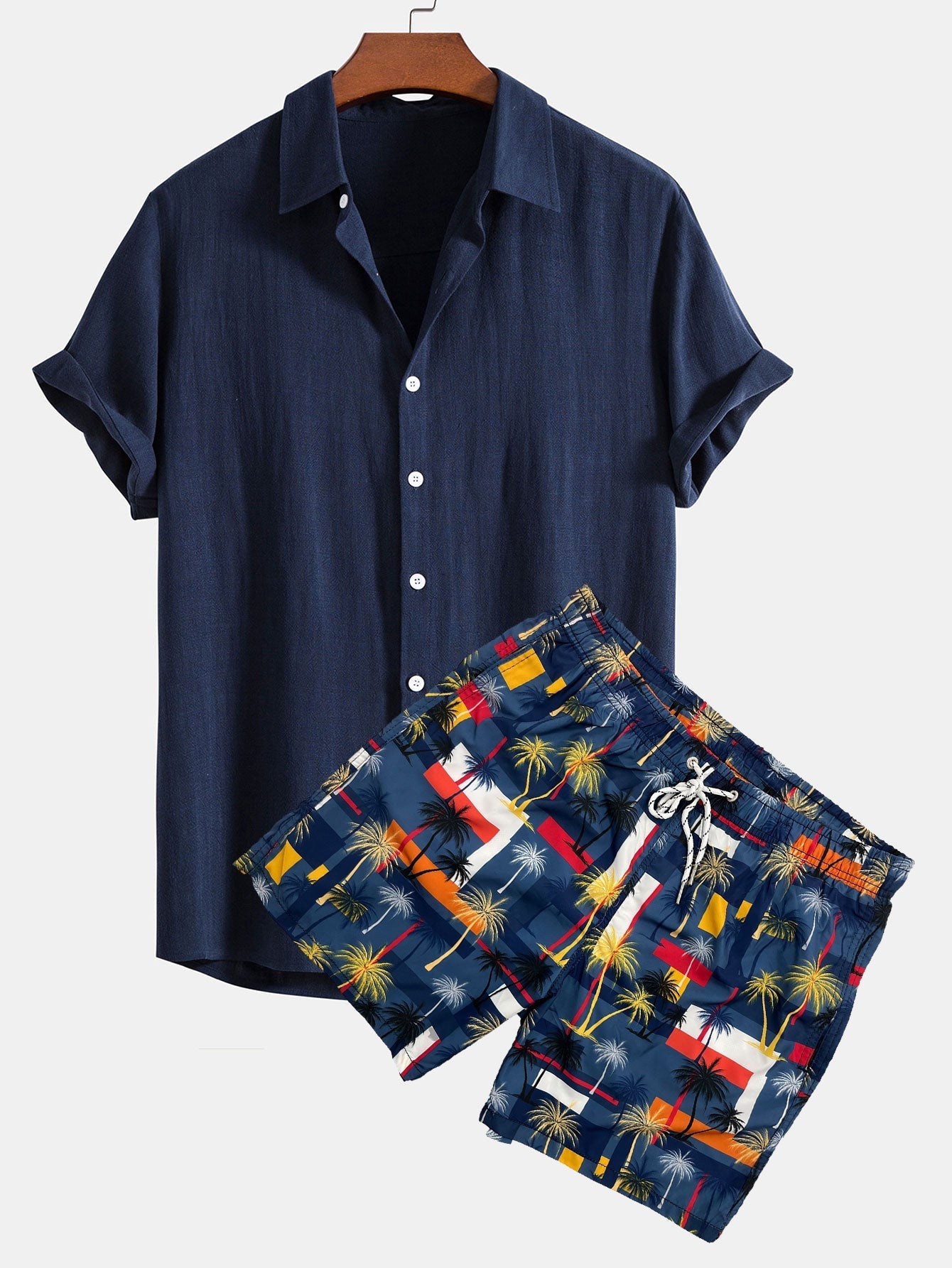 Beltrán® | Linen Rayon Blend Button Up Shirt & Palm Tree Color Block Print Swim Shorts