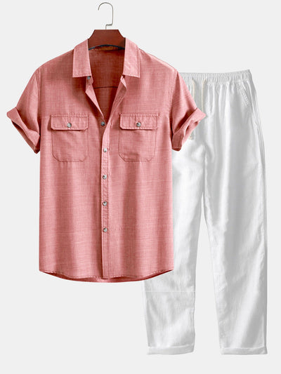 Jared® | Textured Button Up Shirt With Two Pockets & Straight Leg Linen Pants