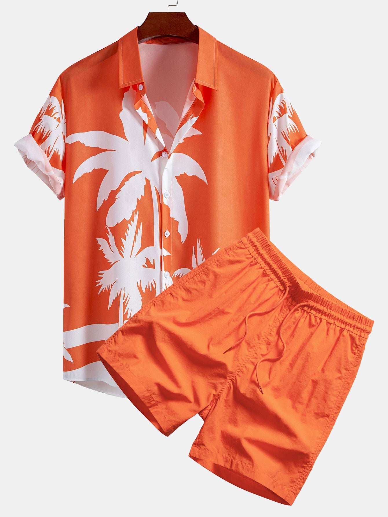 Justino® | Palm Tree Print Button Up Shirt & Man Mid Length Drawstring Swim Shorts