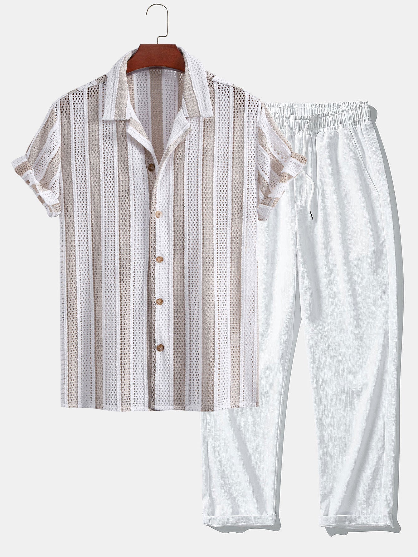 Josafat® | Striped Mesh Cuban Shirt & Wrinkle Textured Straight Leg Pants