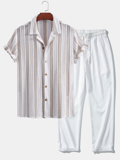 Josafat® | Striped Mesh Cuban Shirt & Wrinkle Textured Straight Leg Pants