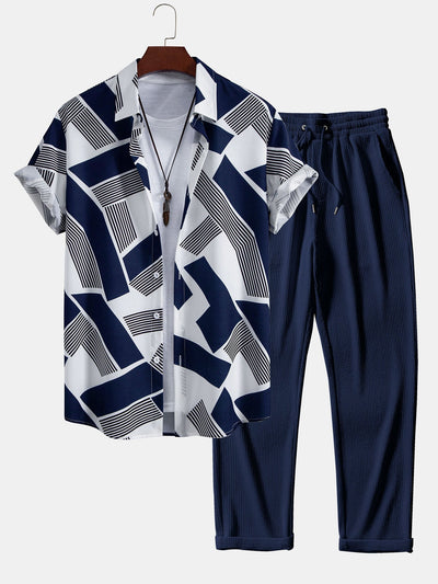 Lorenzo® | Color Block Geometry Print Button Up Shirt & Straight Leg Ribbed Pants