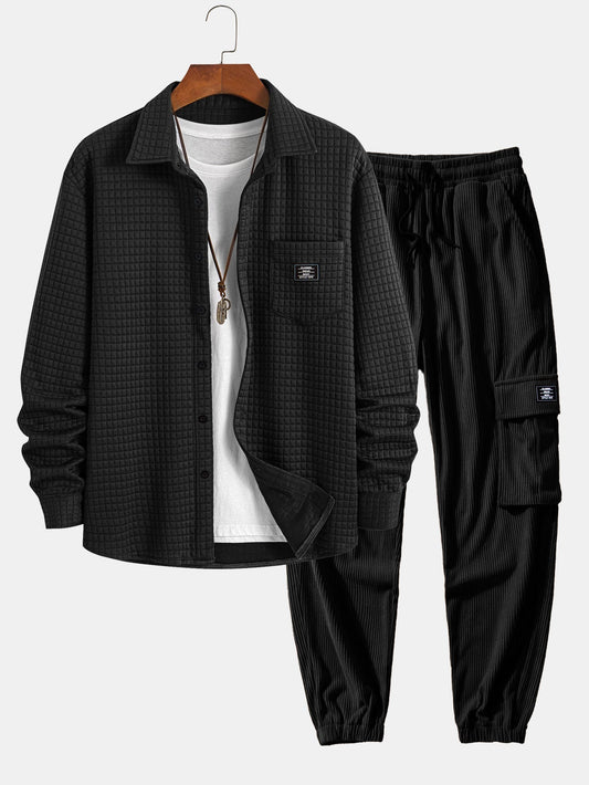 Arturo® | Waffle Button Up Shirt & Drawstring Corduroy Cargo Jogger Pants
