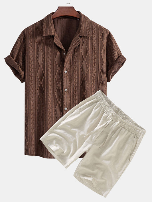 Adelin® | Geometric Jacquard Cuban Shirt & Linen Drawstring Shorts