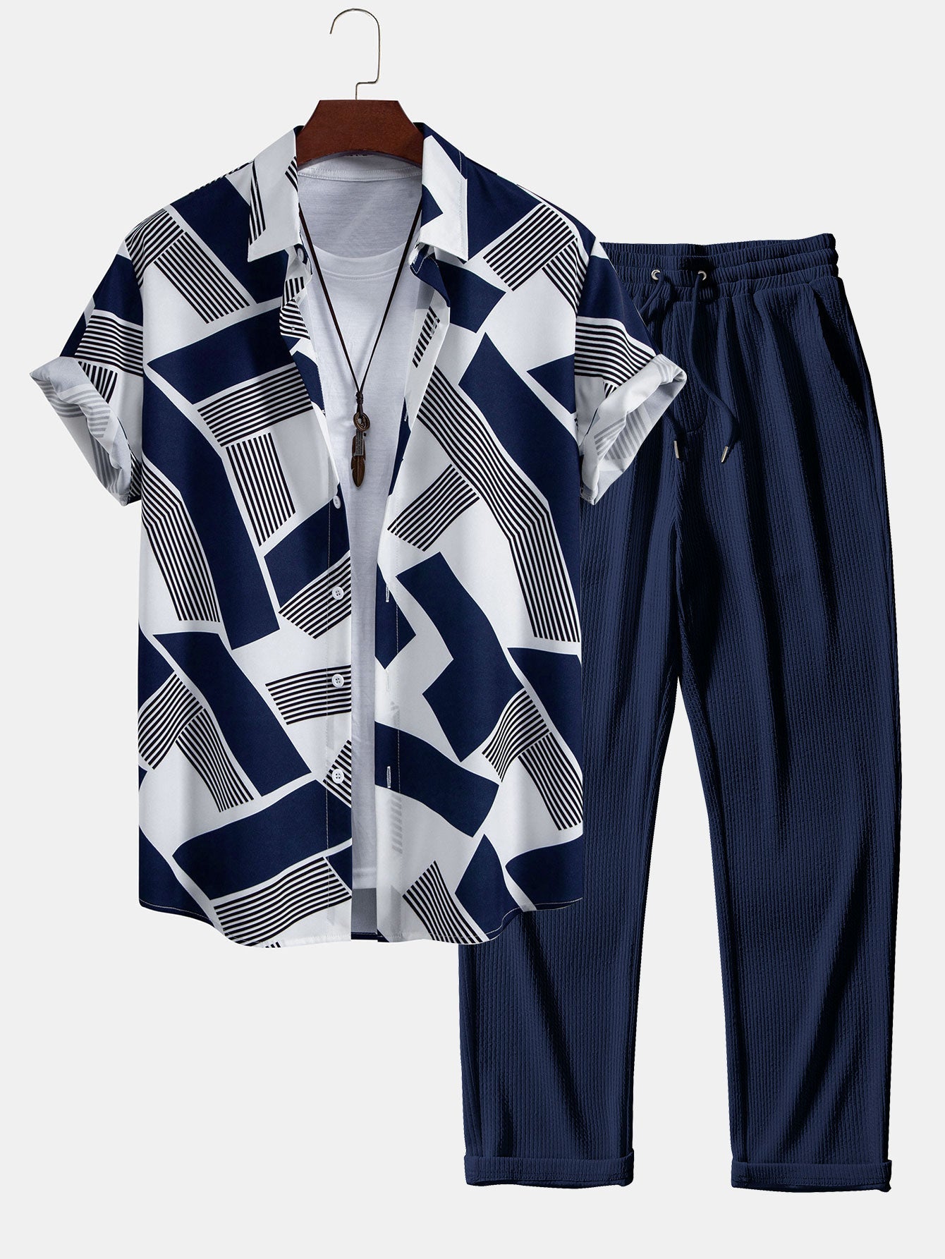 Rolando® | Color Block Geometry Print Button Up Shirt & Straight Leg Ribbed Pants